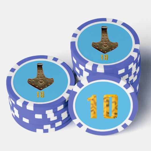 Gouden Thor Hammer blauw 10 gestreepte pokerchip (Opstapeling)
