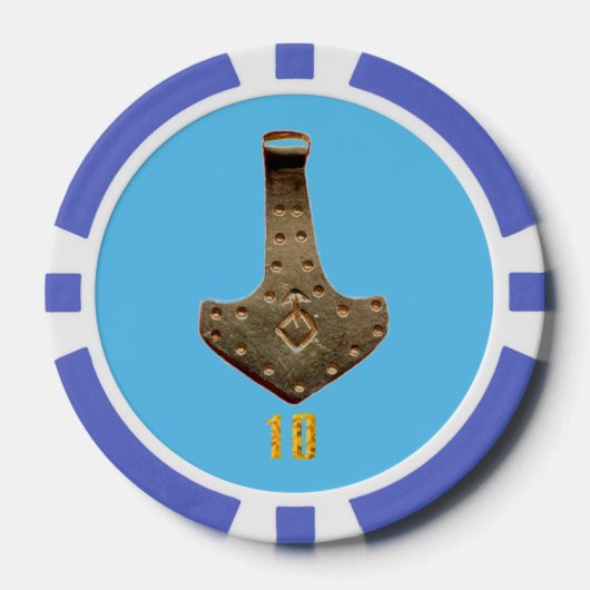 Gouden Thor Hammer blauw 10 gestreepte pokerchip (Voorkant)