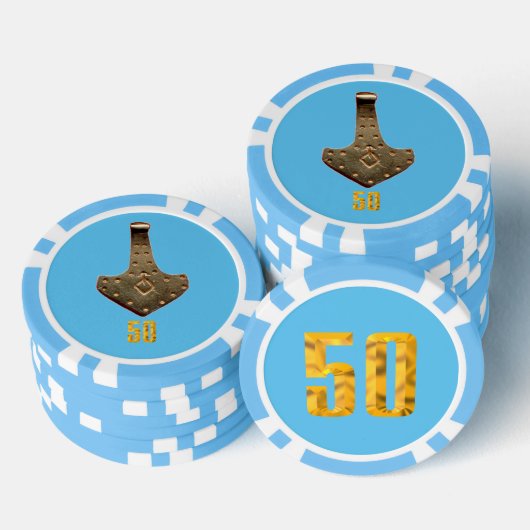 Gouden Thor Hammer blauw lblue 50 gestreepte poker Chips (Opstapeling)