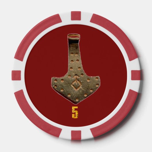 Gouden Thor Hammer rood 5 gestreepte pokerchip (Voorkant)