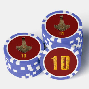 Gouden Thor Hammer rood blauw 10 gestreepte poker  Chips