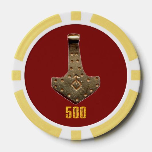 Gouden Thor Hammer rood geel 500 streep poker chip (Voorkant)