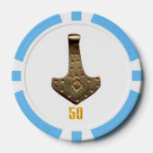 Gouden Thor Hammer wit ltblue 50 streep poker chip (Voorkant)