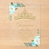 Gouden Tiara Blauwgroen Bloemen Quinceañera Acryl Uitnodigingen (Voorkant)