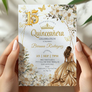 Gouden Tiara Bloem Beige Quinceañera Kaart