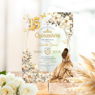 Gouden Tiara Bloemig Beige Vlinders Quinceañera Acryl Uitnodigingen