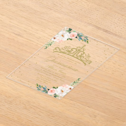 Gouden Tiara Blush Bloemen Quinceañera Acryl Uitnodigingen (Laagn)