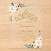 Gouden Tiara Blush Bloemen Quinceañera Acryl Uitnodigingen (Voorkant)