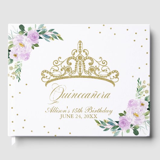 Gouden Tiara Blush Paarse Lila Bloemen Quinceanera Gastenboek (Voorkant)