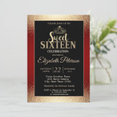 Gouden Tiara Confetti, Rode Sweet 16 Feest Kaart (Staand voorkant)