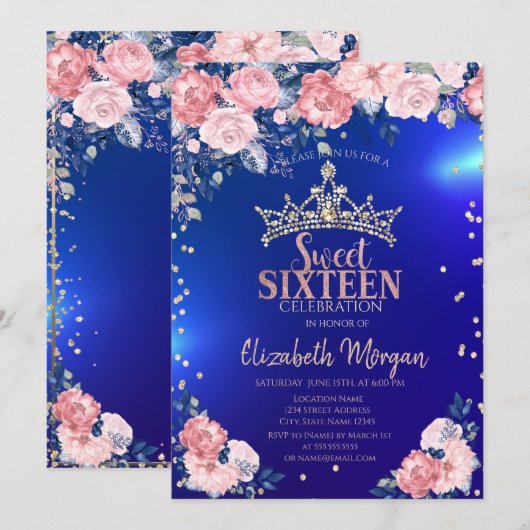 Gouden Tiara Diamanten Bloemen Blauw Zoet 16 Kaart (Voorkant / Achterkant)