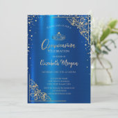 Gouden Tiara, Diamanten Metallic Blauw Quinceañera Kaart (Staand voorkant)