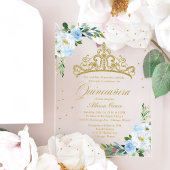 Gouden Tiara Dusty Blauwe Bloemen Quinceañera Acryl Uitnodigingen