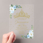 Gouden Tiara Dusty Blauwe Bloemen Quinceañera Acryl Uitnodigingen (Insitu (Draagbaar))