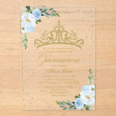 Gouden Tiara Dusty Blauwe Bloemen Quinceañera Acryl Uitnodigingen (Voorkant)