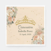 Gouden Tiara en Perzik Fuzz Bloemen Quinceanera Servet (Voorkant)