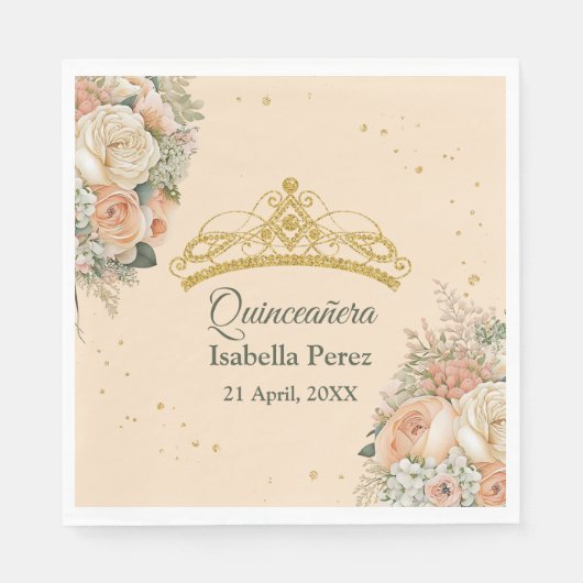 Gouden Tiara en Perzik Fuzz Bloemen Quinceanera Servet (Voorkant)