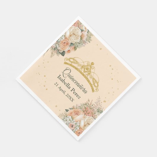 Gouden Tiara en Perzik Fuzz Bloemen Quinceanera Servet (Hoek)