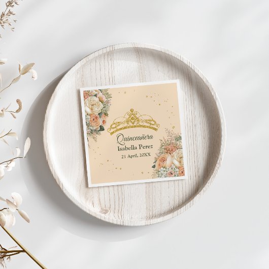 Gouden Tiara en Perzik Fuzz Bloemen Quinceanera Servet