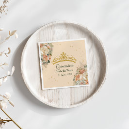 Gouden Tiara en Perzik Fuzz Bloemen Quinceanera Servet