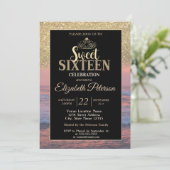 Gouden Tiara Glitter Bokeh Beach Sunset Sweet 16 Kaart (Staand voorkant)
