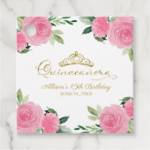 Gouden Tiara Hot Roze Bloemen Quinceanera Bedankjes Labels (Voorkant)