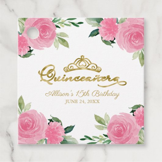 Gouden Tiara Hot Roze Bloemen Quinceanera Bedankjes Labels (Voorkant)