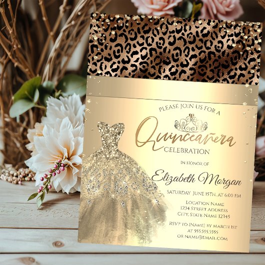 Gouden Tiara, Jurk Leopard Print Quinceañera Kaart