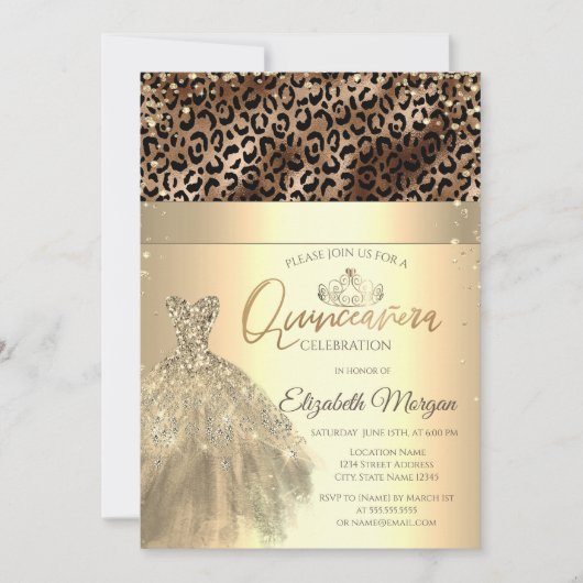 Gouden Tiara, Jurk Leopard Print Quinceañera Kaart (Voorkant)