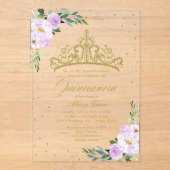 Gouden Tiara Lila Bloemen Quinceañera Acryl Uitnodigingen (Voorkant)