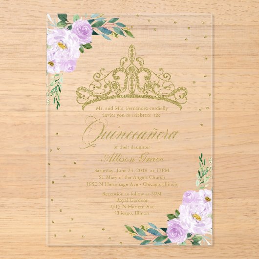 Gouden Tiara Lila Bloemen Quinceañera Acryl Uitnodigingen (Voorkant)