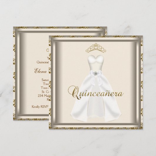 Gouden Tiara Party Jurk Goud Quinceanera Kaart (Voorkant / Achterkant)