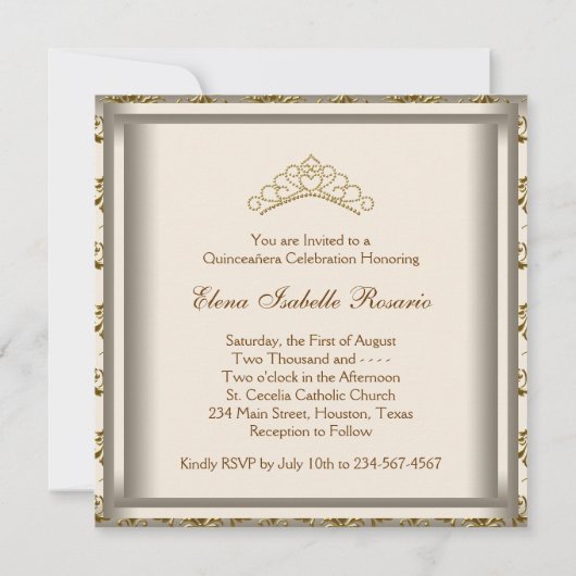 Gouden Tiara Party Jurk Goud Quinceanera Kaart (Achterkant)