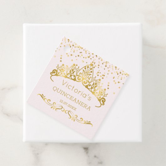 Gouden tiara, polka dot confetti Quinceanera Bedankjes Labels (In situ)