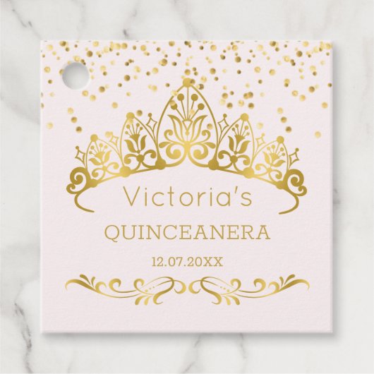 Gouden tiara, polka dot confetti Quinceanera Bedankjes Labels (Voorkant)
