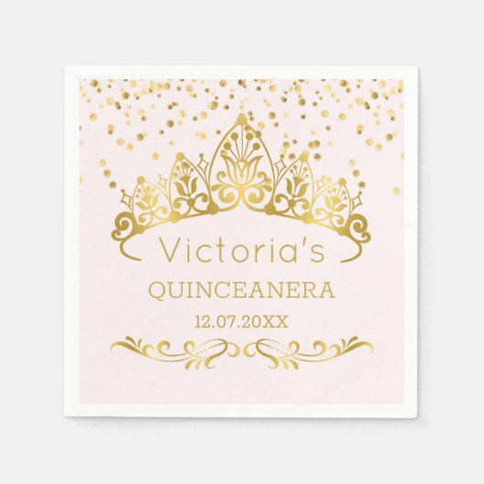 Gouden tiara, polka dot confetti Quinceanera Servet (Voorkant)