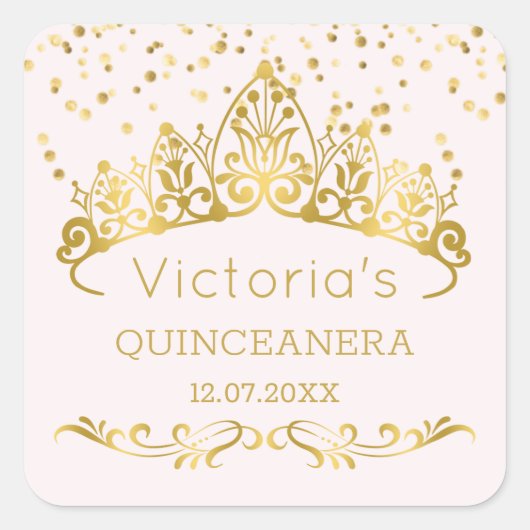 Gouden tiara, polka dot confetti Quinceanera Vierkante Sticker (Voorkant)