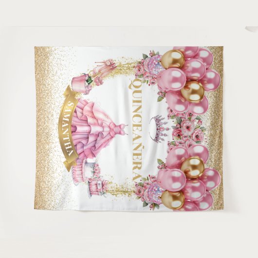 Gouden Tiara Quinceañera Achtergrond Roze Viering Wandkleed (Voorkant (horizontaal))