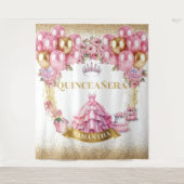 Gouden Tiara Quinceañera Achtergrond Roze Viering Wandkleed (Voorkant)