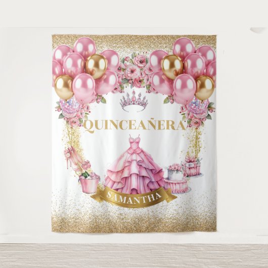 Gouden Tiara Quinceañera Achtergrond Roze Viering Wandkleed (Voorkant)