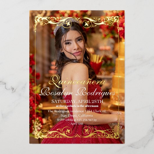 Gouden Tiara Quinceañera Foto Mis Quince Folie Uitnodiging (Voorkant)
