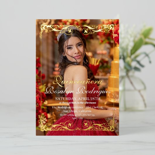 Gouden Tiara Quinceañera Foto Mis Quince Folie Uitnodiging (Staand Voorkant)