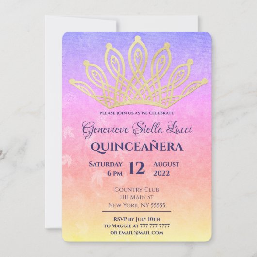 Gouden Tiara Quinceañera Party uitnodiging (Voorkant)