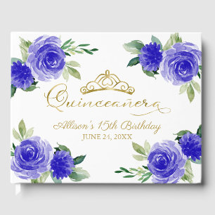 Gouden Tiara Royal Blue Bloemen Quinceanera Gastenboek