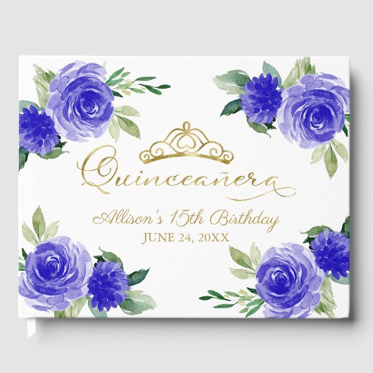 Gouden Tiara Royal Blue Bloemen Quinceanera Gastenboek (Voorkant)