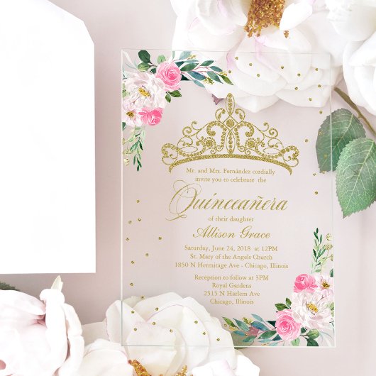 Gouden Tiara roze bloemen Quinceañera Acryl Uitnodigingen