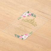 Gouden Tiara roze bloemen Quinceañera Acryl Uitnodigingen (Laagn)