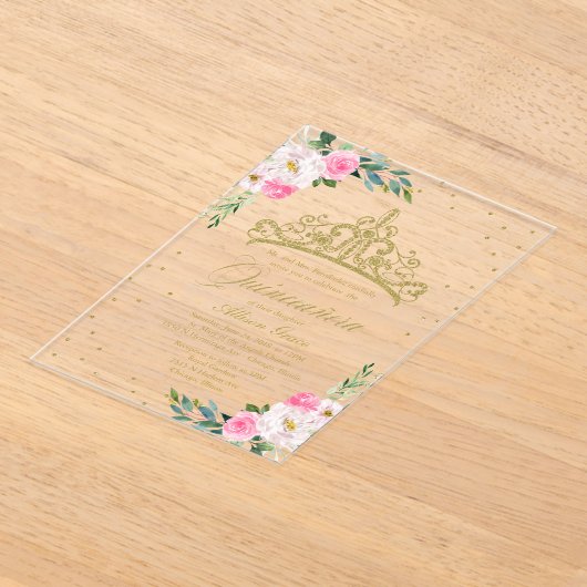 Gouden Tiara roze bloemen Quinceañera Acryl Uitnodigingen (Laagn)