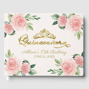 Gouden Tiara Roze Bloemige Quinceanera Gastenboek