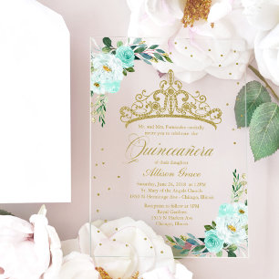 Gouden Tiara Turquoise Bloemen Quinceañera  Acryl Uitnodigingen